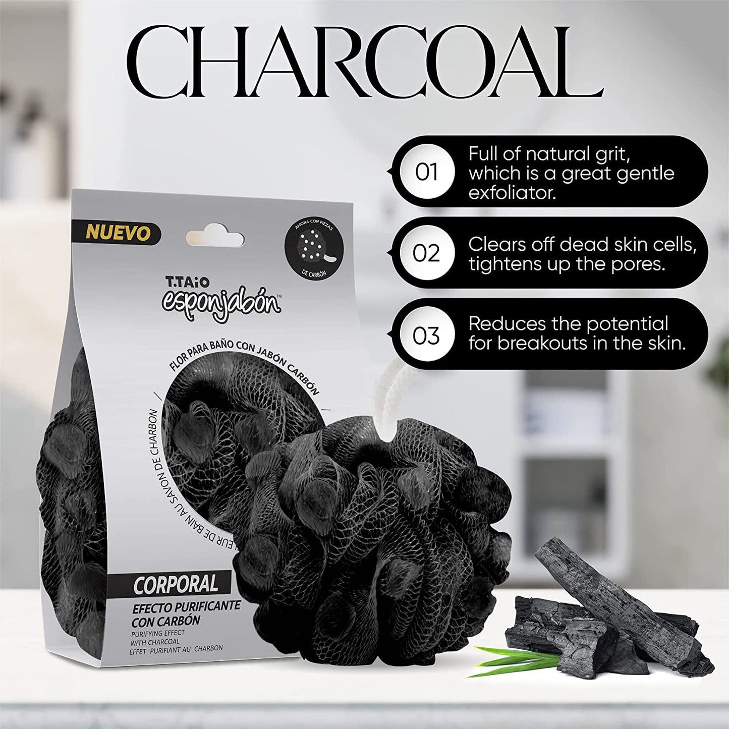 T.Taio Esponjabon Charcoal Shower Bath Puff Soap Sponge